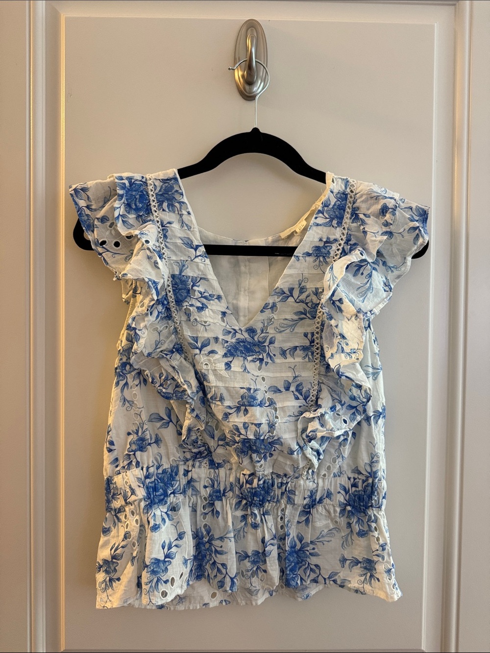 Women's Blue Floral Ruffle Mini Dress - Sleeveless V-Neck